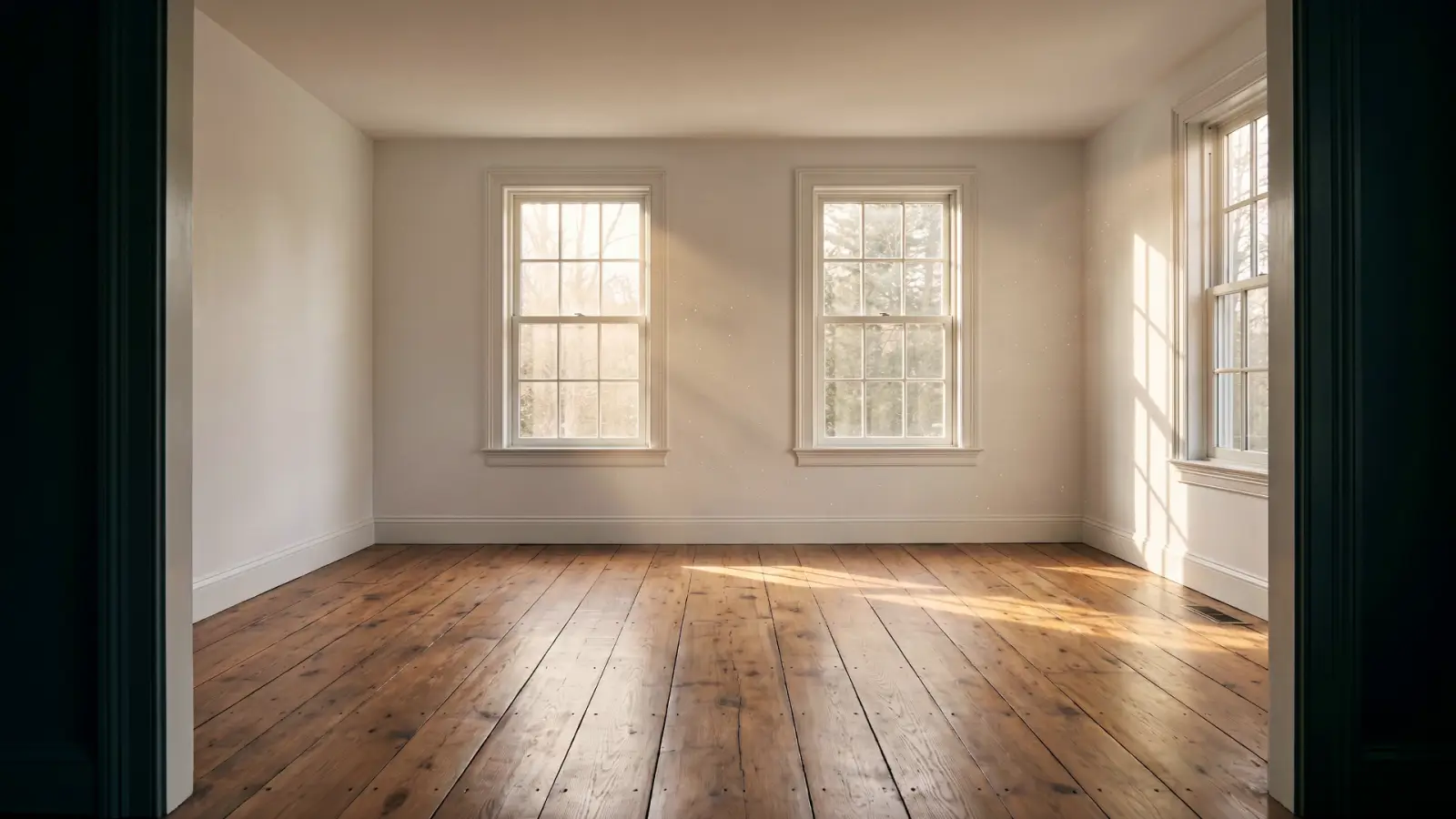 Freshly renovated room with restored wood floors and new windows