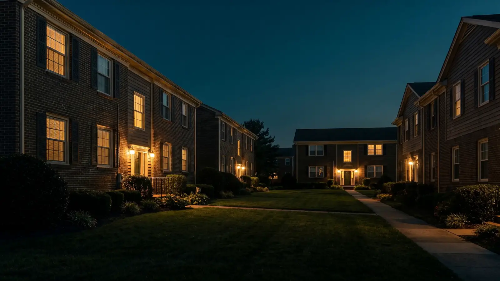 Brick duplex buildings with lit windows at dusk