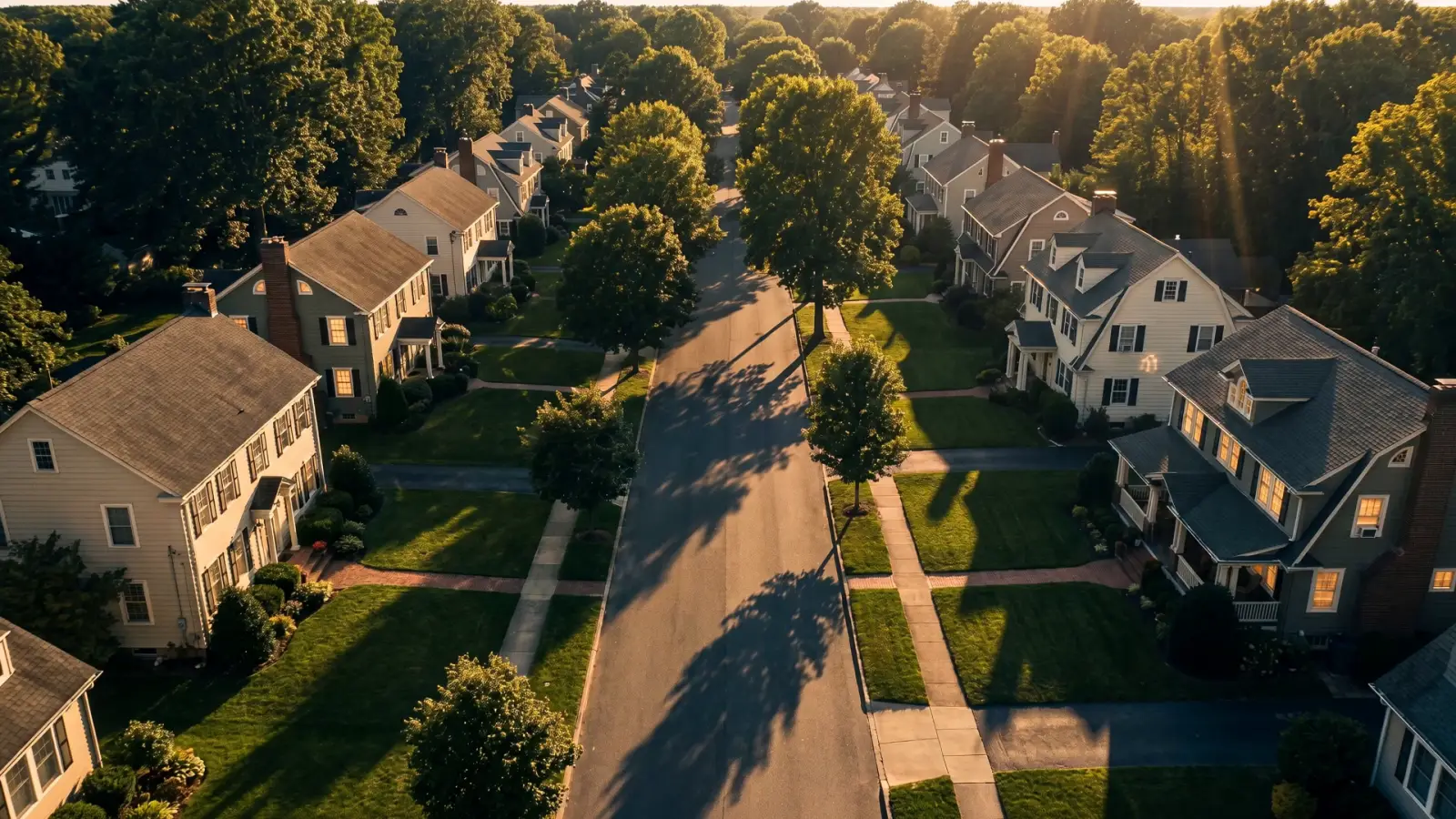 Single family houses on a tree lined street at golden hour